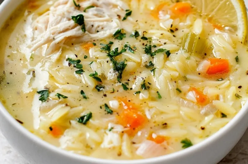 Bowl of Easy Lemon Chicken Orzo Soup garnished with herbs