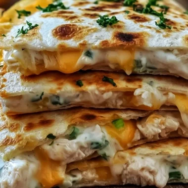 High-protein chicken ranch quesadilla with melted cheese and fresh toppings