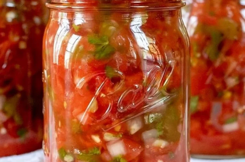Homemade salsa in jars ready for canning with fresh tomatoes and herbs