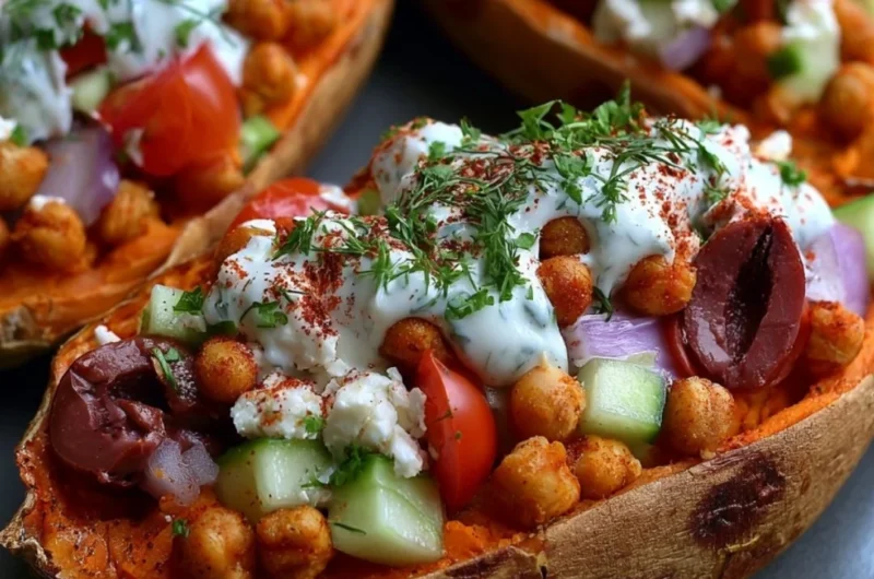 Mediterranean stuffed sweet potatoes filled with fresh vegetables and herbs