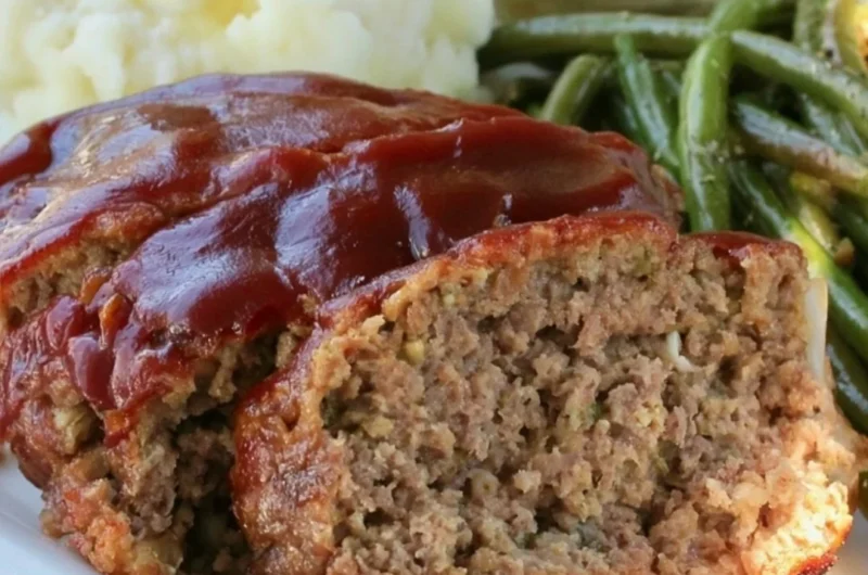 Delicious Old Fashioned Meatloaf served on a wooden plate