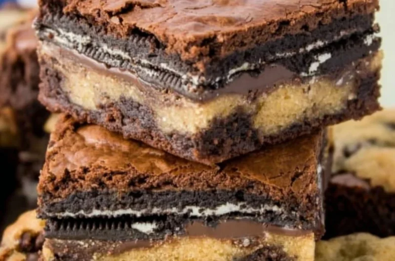 Delicious Oreo brownies with cookie dough layers topped with crushed Oreo cookies.