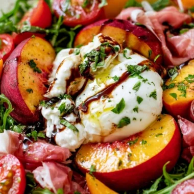 Delicious Peach Burrata Salad with fresh peaches and creamy burrata cheese