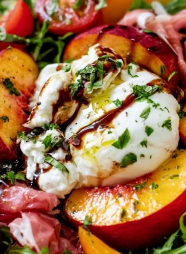 Delicious Peach Burrata Salad with fresh peaches and creamy burrata cheese