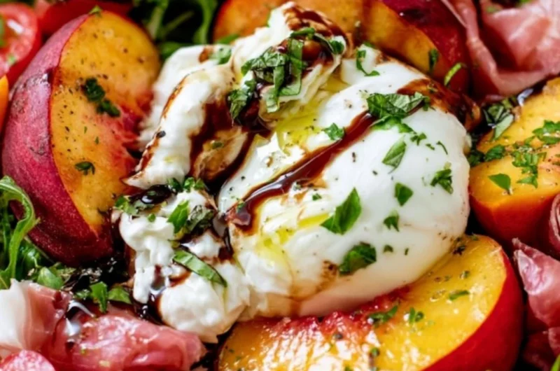 Delicious Peach Burrata Salad with fresh peaches and creamy burrata cheese
