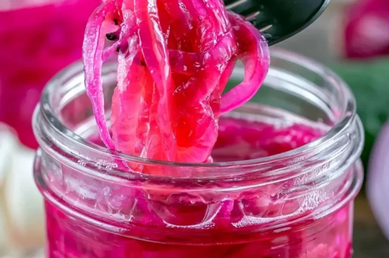 Jar of quick pickled red onions with spices and herbs