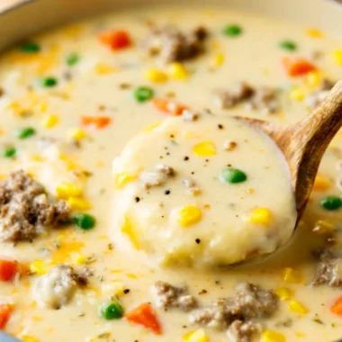 Delicious bowl of Shepherd's Pie Soup topped with fresh herbs.