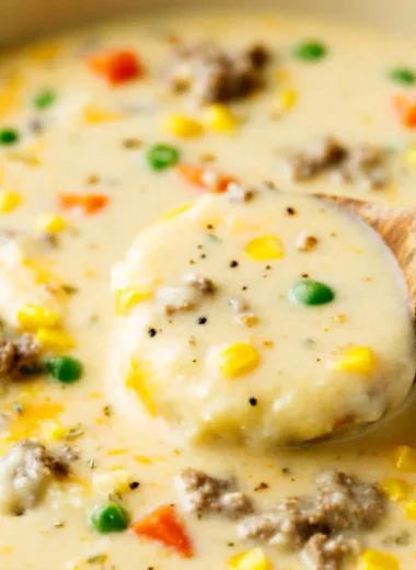 Delicious bowl of Shepherd's Pie Soup topped with fresh herbs.