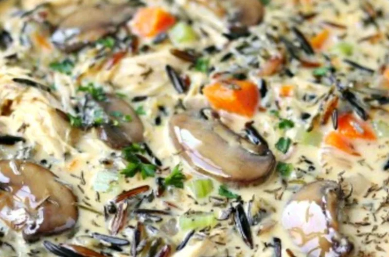Bowl of slow cooker creamy chicken wild rice soup with herbs and vegetables