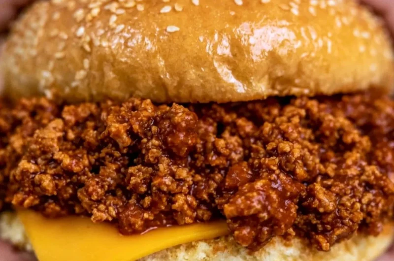Slow cooker sloppy joes served in a bun with toppings.