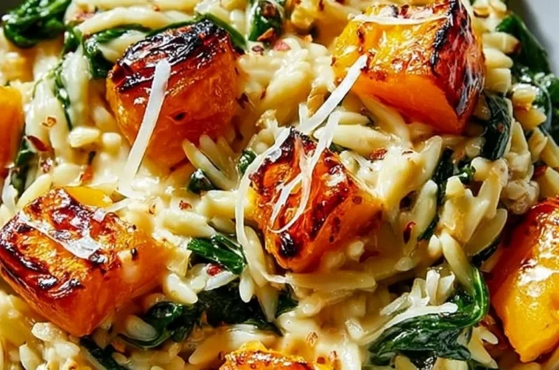 Delicious bowl of butternut squash orzo garnished with herbs