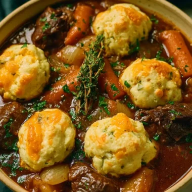 Cozy beef stew with cheddar herb dumplings in a rustic serving bowl