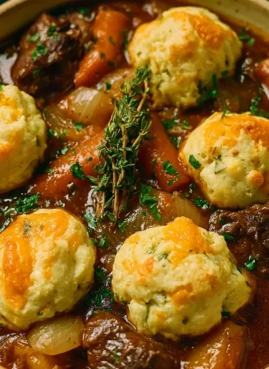 Cozy beef stew with cheddar herb dumplings in a rustic serving bowl