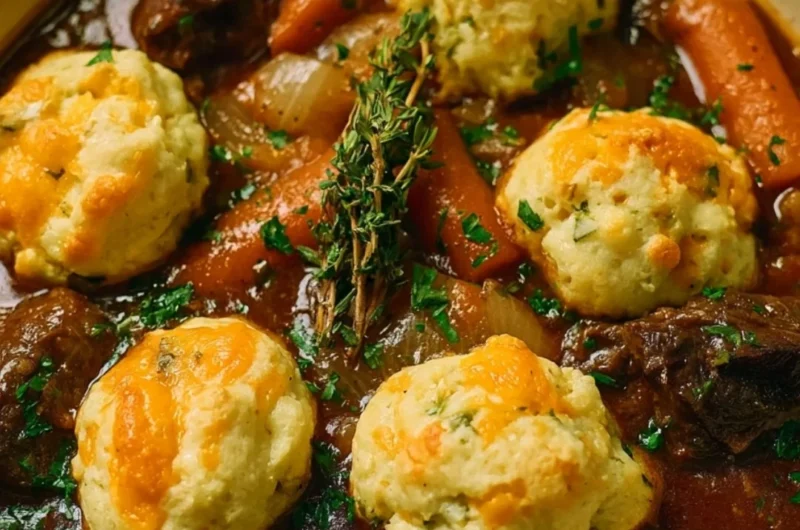 Cozy beef stew with cheddar herb dumplings in a rustic serving bowl