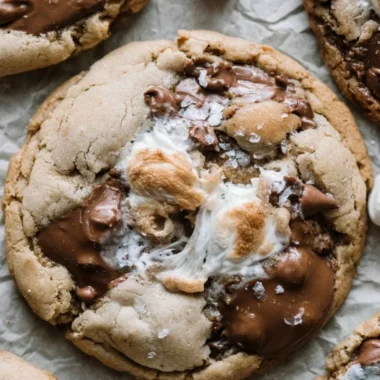 Cozy brown butter s'mores cookies with chocolate chips on a cooling rack.