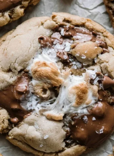 Cozy brown butter s'mores cookies with chocolate chips on a cooling rack.