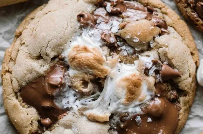 Cozy brown butter s'mores cookies with chocolate chips on a cooling rack.