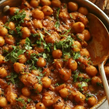 Bowl of cozy Chickpea Masala garnished with fresh herbs and spices.