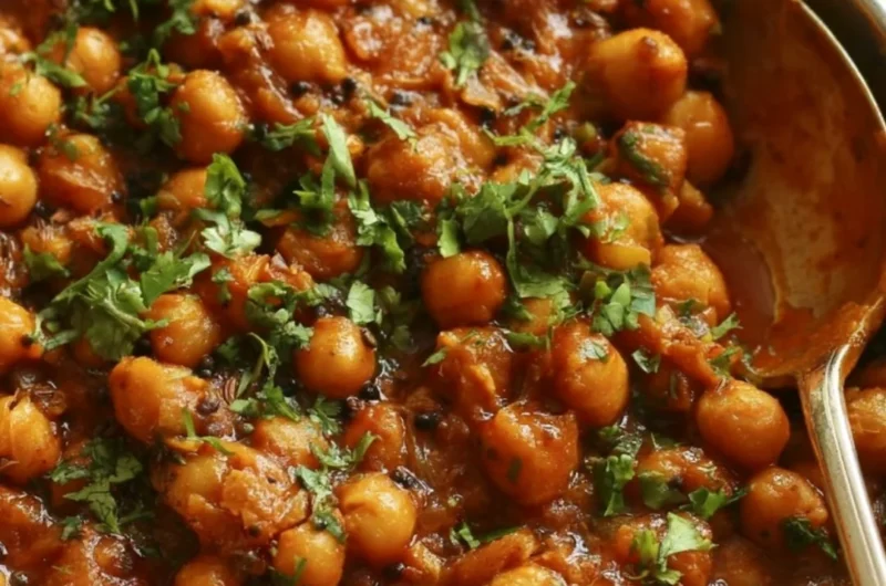Bowl of cozy Chickpea Masala garnished with fresh herbs and spices.