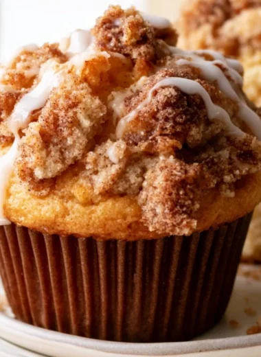 Freshly baked cozy coffee cake muffins with a crumbly topping