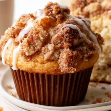 Cozy coffee cake muffins fresh out of the oven, topped with cinnamon crumble.