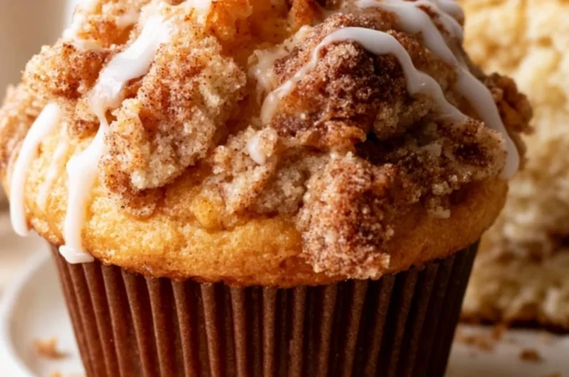 Cozy coffee cake muffins fresh out of the oven, topped with cinnamon crumble.