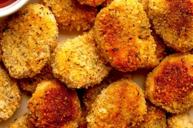 Cozy healthy chicken nuggets served with a side of vegetables