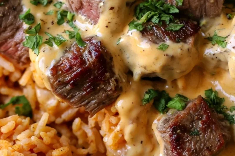 Delicious steak queso rice served in a bowl for a cozy Tex-Mex night
