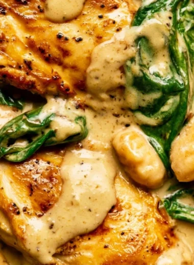 Delicious one pan chicken gnocchi dish served with fresh herbs and vegetables.