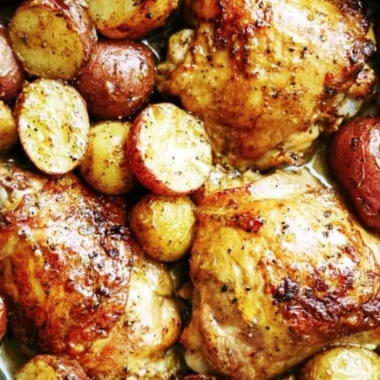 One Pan Maple Mustard Chicken served with roasted potatoes
