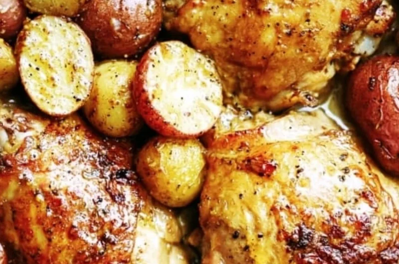 One Pan Maple Mustard Chicken served with roasted potatoes