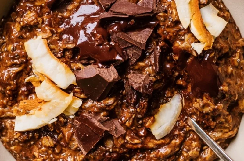 A bowl of creamy chocolate oatmeal topped with fresh berries and nuts.