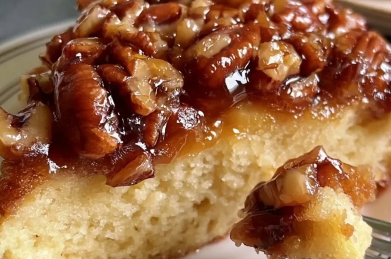 Upside Down Caramel Pecan Cake topped with rich caramel and pecans.